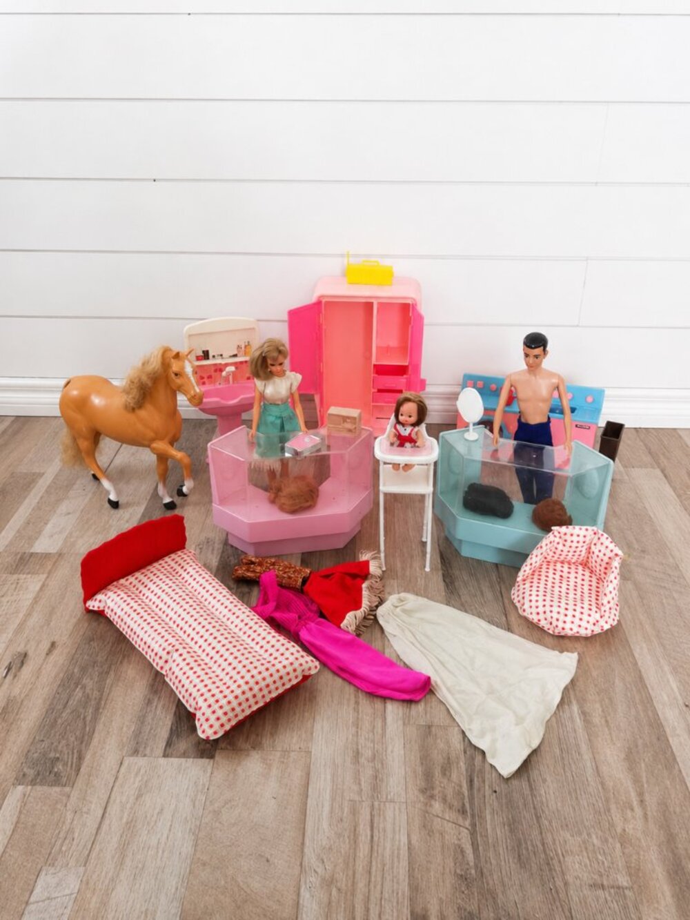 Vintage Mattel Barbie Family Lot – Francie, Ken, Toddler, Horse, Wigs, Furniture